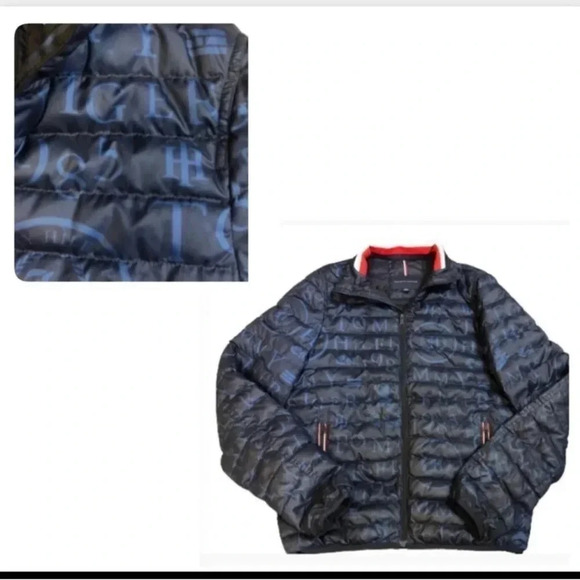 TOMMY HILFIGER NAVY BLUE PUFFER JACKET MONOGRAM  LOGO PRINT ZIPPER POCKETS XS - Picture 1 of 8
